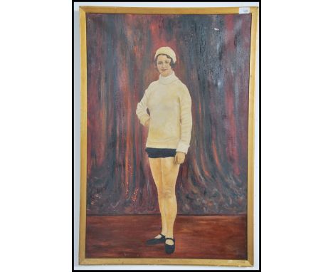 E. R. Morton (1900-) England. An oil on canvas painting study of a 1930's Art Deco flapper girl set before theatre curtains. 
