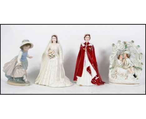 2 Royal Worcester figurines together with a Nao girl figurine and a Staffordshire flatback. The tallest measures 24cm high.