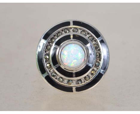 A ladies contemporary silver onyx and opal ring in the Art Deco style complete in the presentation box