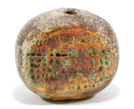 ALAN WALLWORK (born 1931); a stoneware pebble vase, impressed decoration with turquoise glaze to indentations, incised W mark