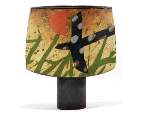 JOHN MALTBY (born 1936); a large stoneware spade vase, stylised landscape decoration with bird flying above reeds below a red