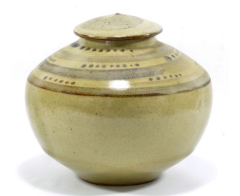 DAVID LEACH (1911-2005) for Lowerdown Pottery; a stoneware globular jar and cover, green glaze with cobalt spiral and spot de