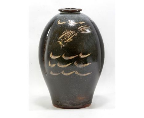 JIM MALONE (born 1946); a lobed stoneware vase, slate grey glaze and incised fish decoration, impressed JM and A for Ainstabl