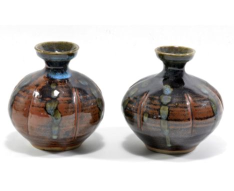 DAVID LEACH (1911-2005) for Lowerdown Pottery; a pair of lobed stoneware vases, impressed LD and pottery marks to one, potter