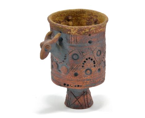 IAN GODFREY (1942-1992); a miniature stoneware pot with donkey's head and impressed decoration, height 7cm (D).   CONDITION R