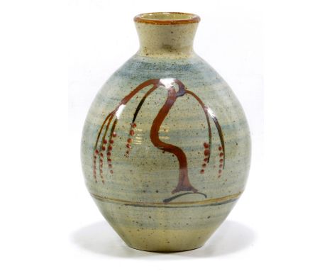 DAVID LEACH (1911-2005) for Lowerdown Pottery; a stoneware bottle, willow tree motif on speckled blue/grey ground, impressed 