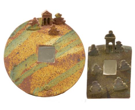 JOHN MALTBY (born 1936); an early stoneware circular mirror surround, the top embellished with trees and a building, impresse