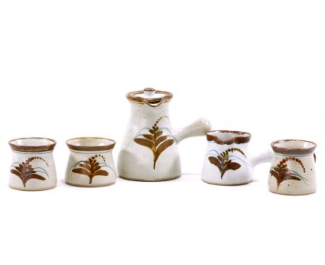 DAVID LEACH (1911-2005) for Lowerdown Pottery; a stoneware coffee set with foxglove motif on grey ground, comprising coffee p