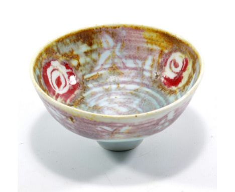MARIANNE DE TREY (1913-2016); a small porcelain footed bowl, copper red decoration on pale blue ground, impressed dTe mark, d