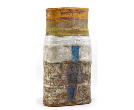 ROBIN WELCH (born 1936); a large oval stoneware bottle form decorated with a central blue square, impressed circles and bands