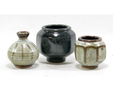 DAVID LEACH (1911-2005) for Lowerdown Pottery; two cut sided stoneware pots and a bud vase, impressed DL and pottery marks, t