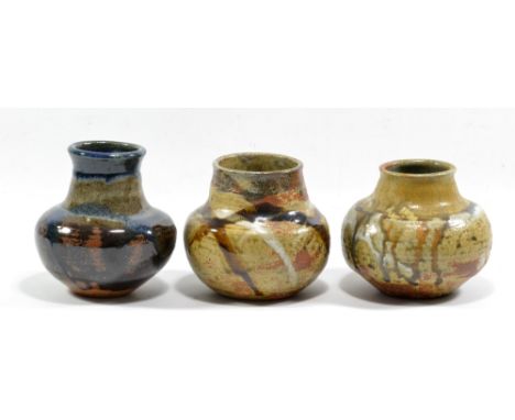 JOANNA WASON (born 1952) for Leach Pottery; three stoneware vases, various glazes, impressed JW and St Ives marks, tallest he
