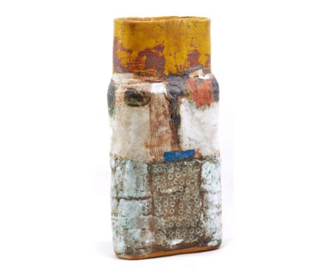 ROBIN WELCH (born 1936); a large oval stoneware bottle form decorated with an off-centre red square, impressed circles and ba