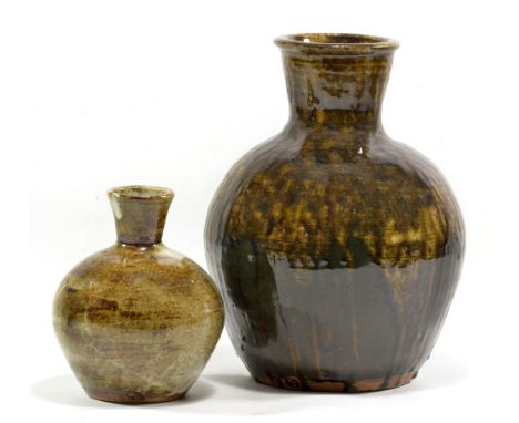 TREVOR CORSER (1938-2015) for Leach Pottery; a stoneware bottle covered in dark treacle glaze, impressed TC and St Ives marks