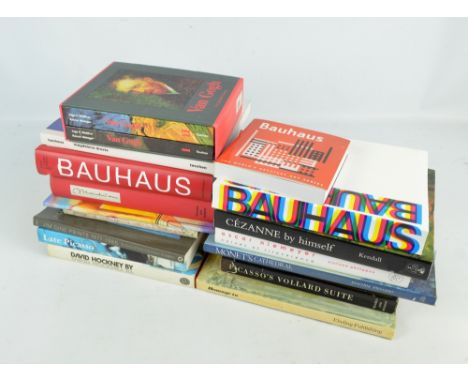 A quantity of books relating to famous artists including Van Gogh, David Hockney, Picasso, also four books relating to the Ba