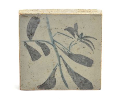 SYLVIA FOX-STRANGWAYS (1900-1975) for Leach Pottery; a small stoneware tile, cobalt decoration on grey ground, painted SFS an