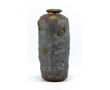 ROBIN WELCH (born 1936); a stoneware bottle, textured chocolate brown surface with bronzed highlights, impressed RW mark, hei