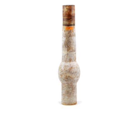 ROBIN WELCH (born 1936); a tall slender stoneware form swelling to lower third with banded decoration and orange rectangles t