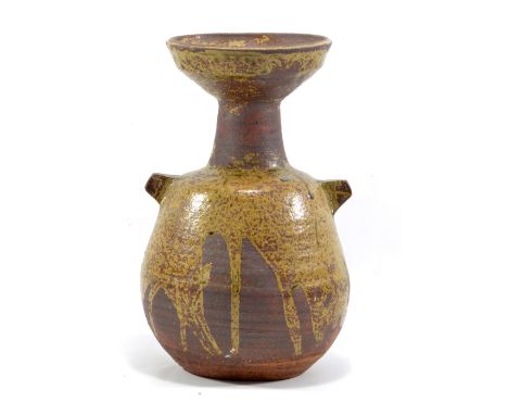 JANET LEACH (1918-1997) for Leach Pottery; a stoneware bottle with lug handles, running green ash glaze, impressed JL and St 