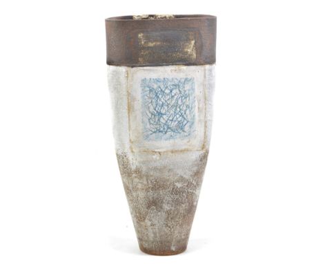 ROBIN WELCH (born 1936); a tapered oval stoneware vessel decorated with a blue square on one side and white square on the oth