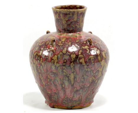 TREVOR CORSER (1938-2015) for Leach Pottery; a stoneware bottle with four lug handles covered in a crawling damson glaze, imp