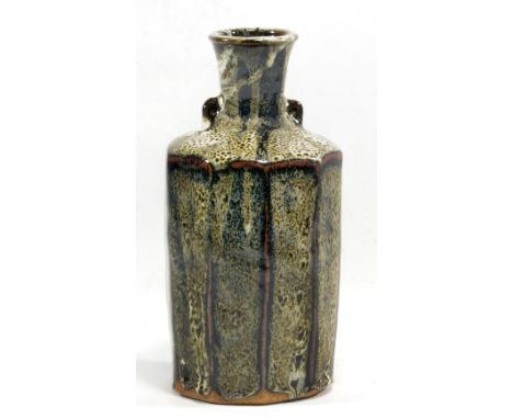 TREVOR CORSER (1938-2015) for Leach Pottery; a cut sided  stoneware bottle with lug handles covered in dolomite glaze, impres