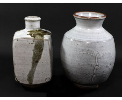 PETER SWANSON (born 1950); a square stoneware bottle and a vase, incised and wax resist decoration, impressed PS marks, talle