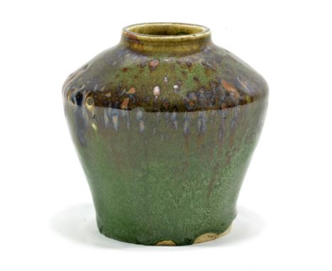 WILLIAM STAITE MURRAY (1881-1962); an early stoneware shouldered vase covered in mottled olive green glaze with tenmoku spots