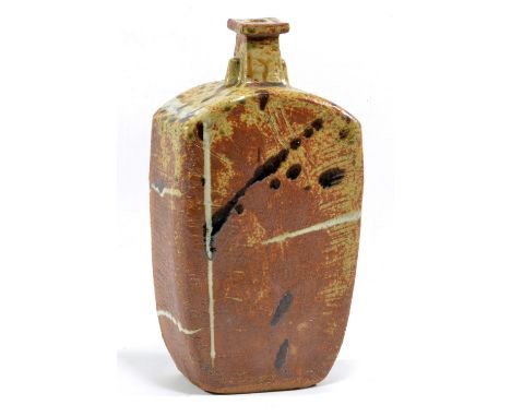 JOANNA WASON (born 1952) for Leach Pottery; a stoneware bottle with flattened sides and square neck, green ash glaze to shoul