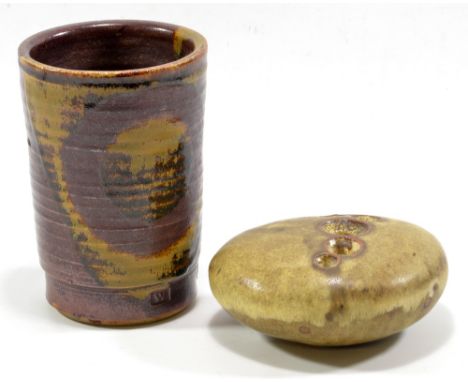 ALAN WALLWORK (born 1931); a stoneware pebble and early vase, incised and impressed W marks, vase height 16cm (2) (D).   COND