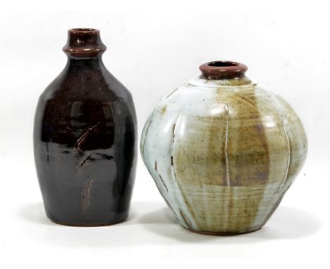 DAVID LEACH (1911-2005) for Lowerdown Pottery; a lobed stoneware globular vase covered in crawling white glaze, and a bottle 