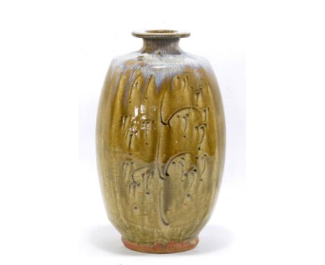 JIM MALONE (born 1946); a stoneware bottle covered in running green ash glaze with Chun glaze to shoulder and neck, incised d