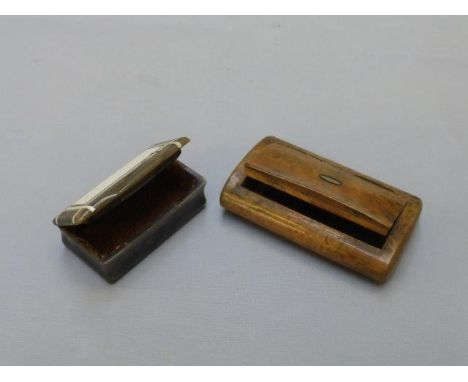 A 19th Century horn, ivory and brass inlaid snuff box and an inlaid walnut snuff box. 