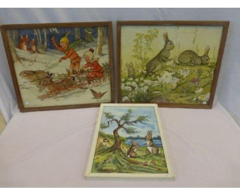 K. BARBER - an oil on board depicting rabbits by a lake, dated 1977; a similar print and a MARGARET W. TARRANT print of rabbi
