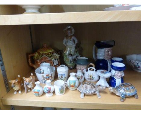 Assorted ceramics including crestedware, a pair of Royal Worcester Corgis etc. 