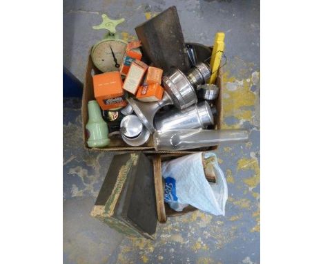 A selection of kitchenalia including a Waymaster set of scales. 