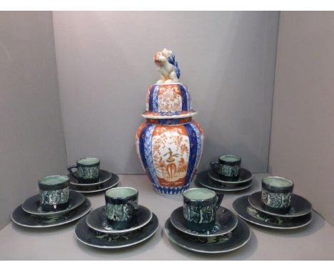 A 19th Century Japanese Imari bulbous shaped vase, with dog of foe finial and a studio pottery coffee set comprising six cups