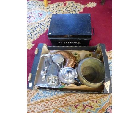 A box of assorted metalware including a twin handled trunk etc. 