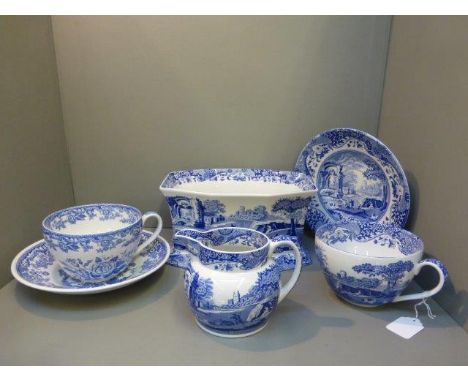 Two large Spode ceramic teacups and saucers from the British Flower and Italian range, also a Spode planter milk jug and chee