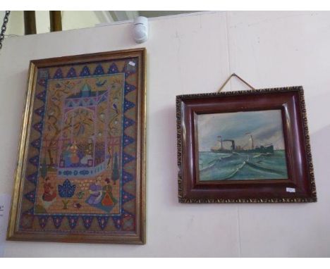 JANE KOSS - an oil on board depicting a steam ship A454 and a framed and glazed needlework tapestry. 
