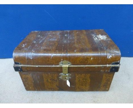 A metal toleware decorated trunk with internal label: Warranted Best Steel Japanned Travelling Trunk. 