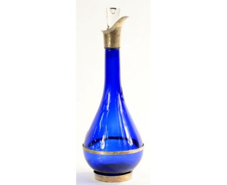 A SILVER MOUNTED BLUE GLASS DECANTER AND STOPPER, 32CM H