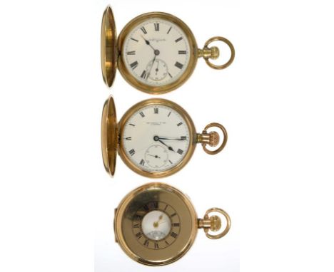 AN ELGIN GOLD PLATED KEYLESS LEVER HUNTING CASED WATCH, ANOTHER, THE ENAMEL DIAL SIGNED THOS RUSSELL & SON LIVERPOOL AND A SW