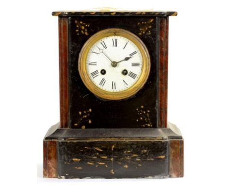 A BELGIAN SLATE AND RED MARBLE MANTEL CLOCK, WITH ENAMEL DIAL AND BELL STRIKING MOVEMENT, 28CM H