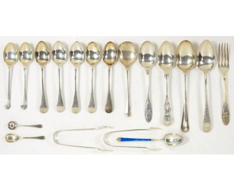 MISCELLANEOUS SILVER FLATWARE, PRINCIPALLY TEA AND COFFEE SPOONS AND A SCANDINAVIAN SILVER AND BLUE GUILLOCHE ENAMEL SPOON, 8