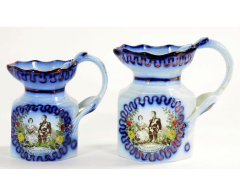 ROYAL COMMEMORATIVE. A GRADUATED PAIR OF BRITISH OCTAGONAL LUSTRE WARE JUGS, PRINTED IN SEPIA WITH PORTRAIT OF THE PRINCESS R