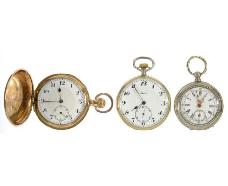 A GOLD PLATED KEYLESS LEVER HUNTING CASED WATCH AND TWO OTHERS, WITH ENAMEL DIAL