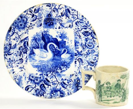 A VICTORIAN EARTHENWARE CHILD'S MUG, WITH GREEN TRANSFER PRINTS OF CHILDREN CYCLING OR PLAYING WITH HOOPS, 7CM H, C1840 AND A