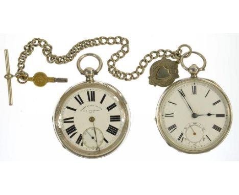 A SILVER LEVER WATCH WITH ENAMEL DIAL, BIRMINGHAM 1884, A PLATED ALBERT AND ANOTHER SILVER WATCH, THE ENAMEL DIAL MARKED 'COA
