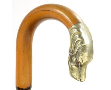A BAMBOO WALKING STICK WITH GERMAN SILVERED METAL HOUND'S HEAD HANDLE, MARKED G & KR AND SILBER ALP, 83CM